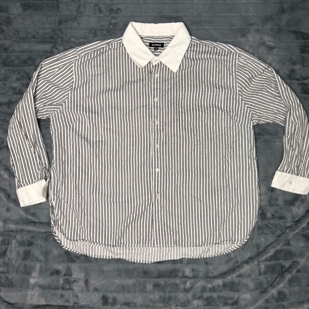 Express Mens XL Striped Button Down Shirt Black White Contrast Collar Cotton